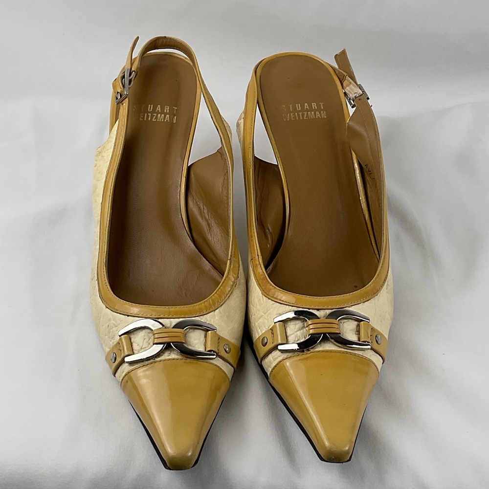 Stuart Weitzman‎ Yellow and Cream Slingback Heels - Picture 3 of 9